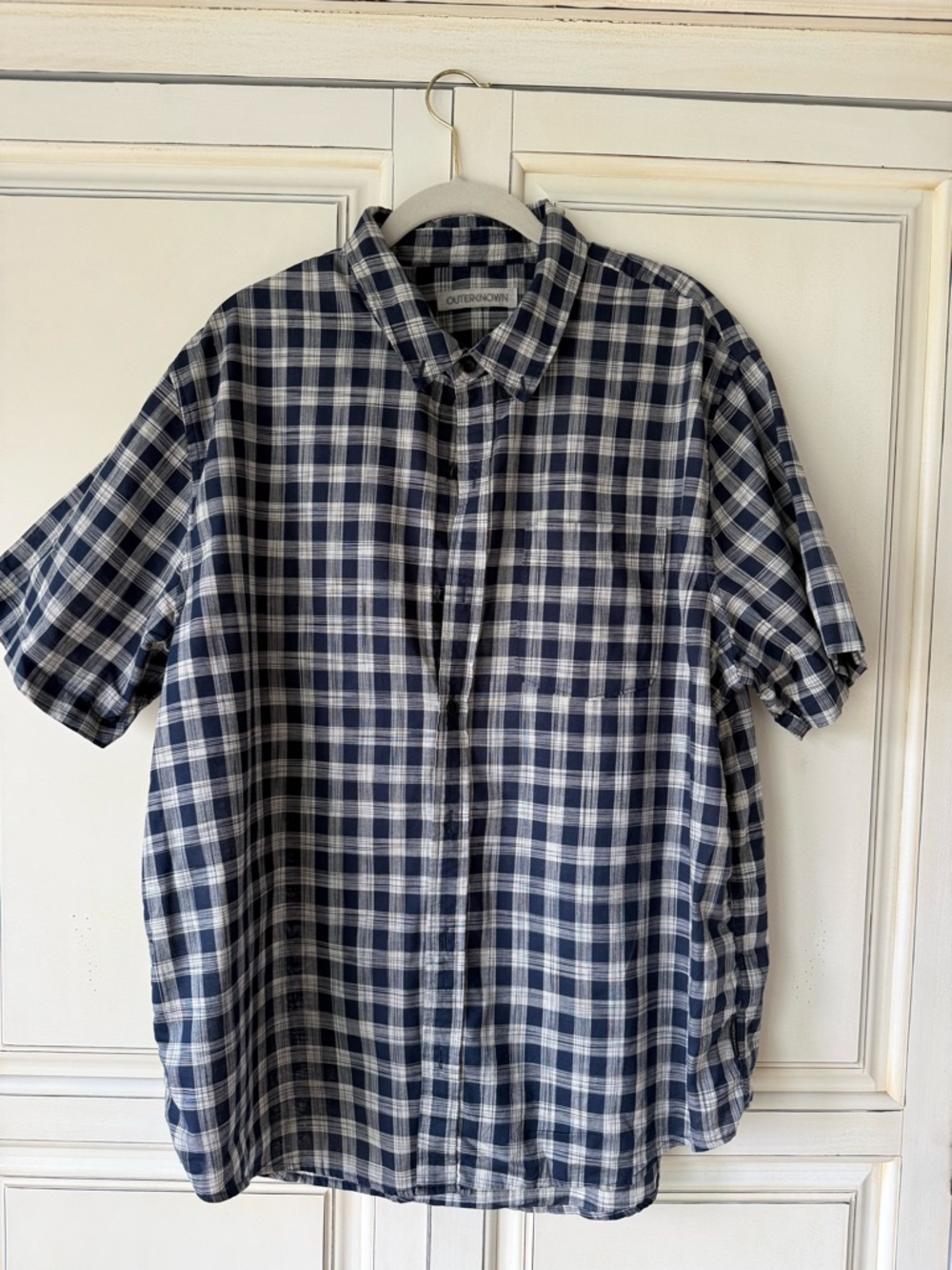 Outerknown Navy and White Plaid Short Sleeve Button-Down Shirt